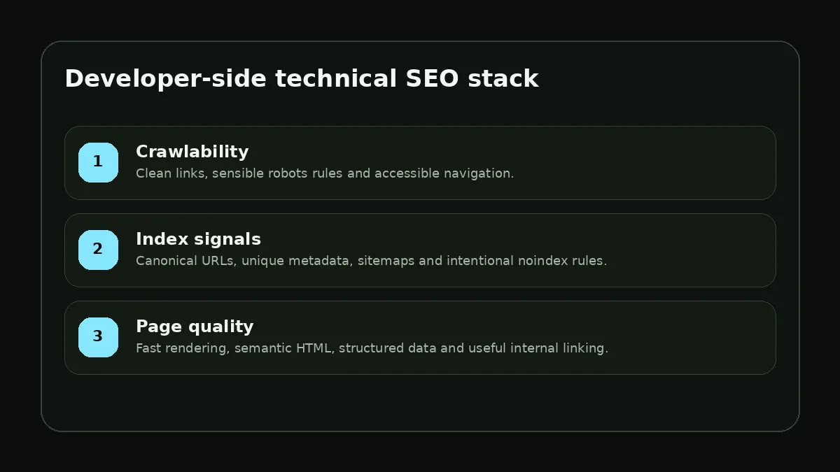 Technical SEO workflow showing crawlability, index signals and page quality